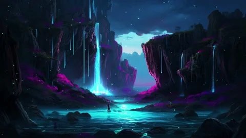 Magic fall of mountain with peaceful lagoon at night with sparkling lights... Video stock 239677758