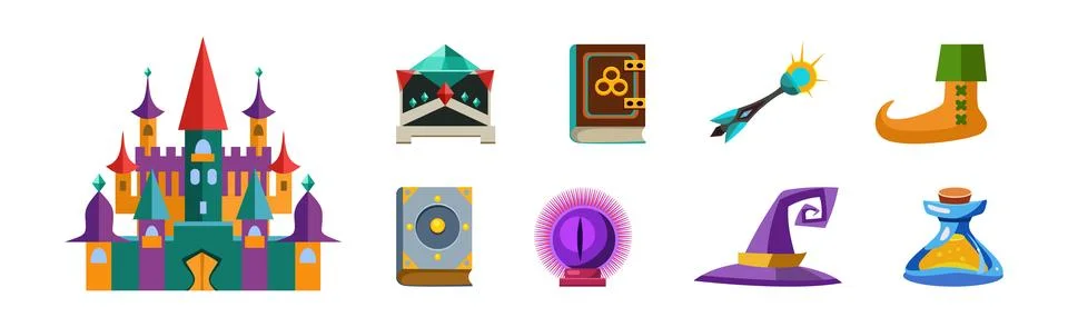 Magic Fantastic Object and Elements for Sorcery Vector Set Stock Illustration