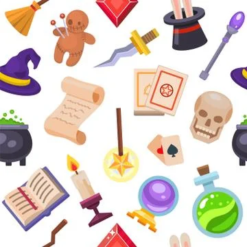 Magic fantasy tools set collection vector illustration seamless pattern. Mystery Stock Illustration