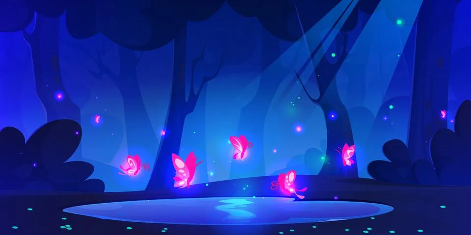 Magic fireflies over small lake in forest at night Ilustração Stock