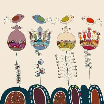 Magic flower forest with birds Stock Illustration