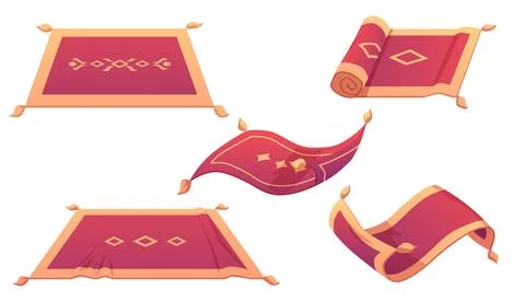 Magic flying carpet design, cartoon Persian red wool carpet with tassels Stock Illustration