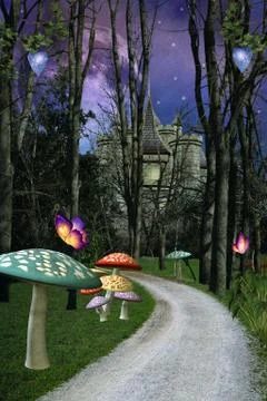 Magic foothpath with colourful mushrooms Illustrazione stock