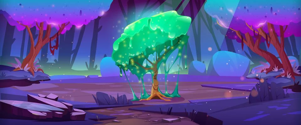 Magic forest and tree with green dripping slime Stock Illustration
