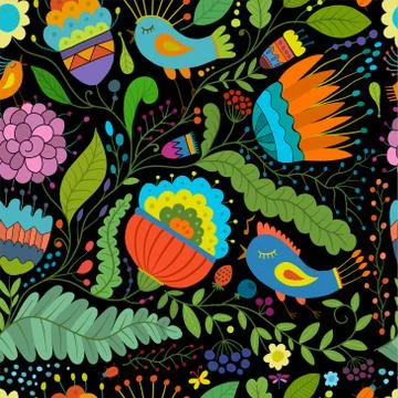 Magic forest with birds, seamless background for your design Stock Illustration