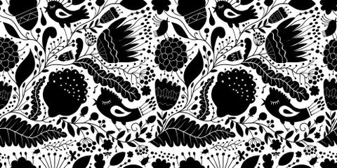 Magic forest with birds, seamless background for your design Stock Illustration