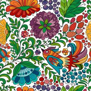 Magic forest with birds, seamless pattern for your design イラスト素材