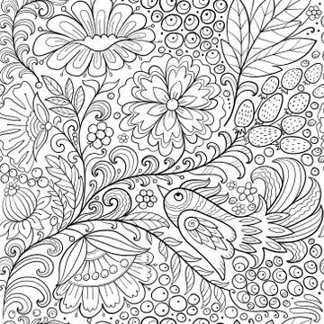 Magic forest with birds, seamless pattern for your design. Coloring page イラスト素材