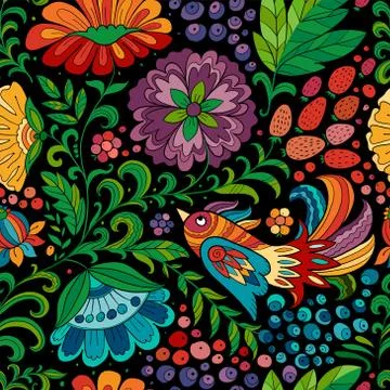Magic forest with birds, seamless pattern for your design イラスト素材