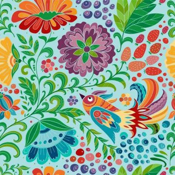 Magic forest with birds, seamless pattern for your design イラスト素材