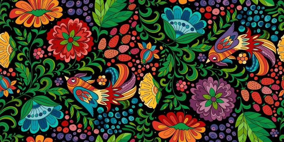 Magic forest with birds, seamless pattern for your design イラスト素材