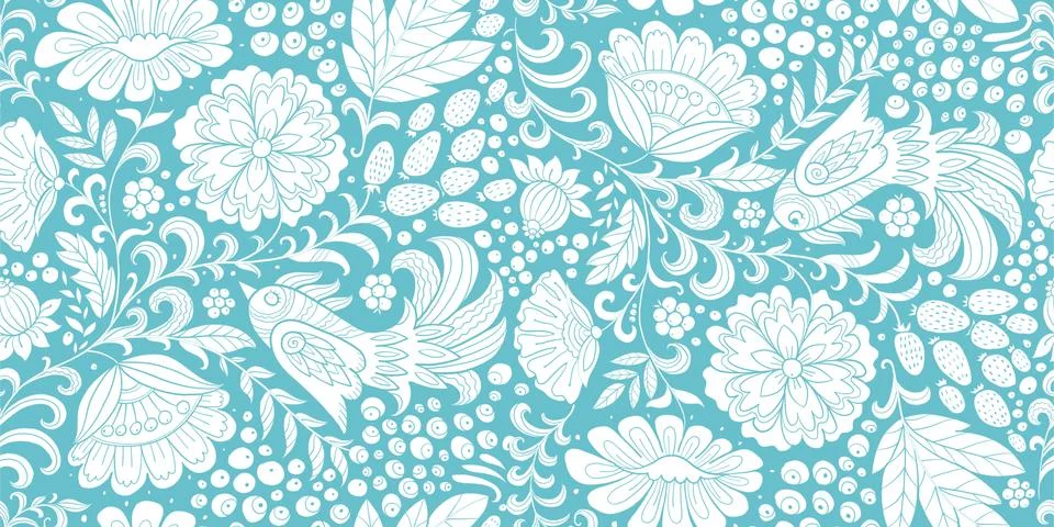 Magic forest with birds, seamless pattern for your design イラスト素材