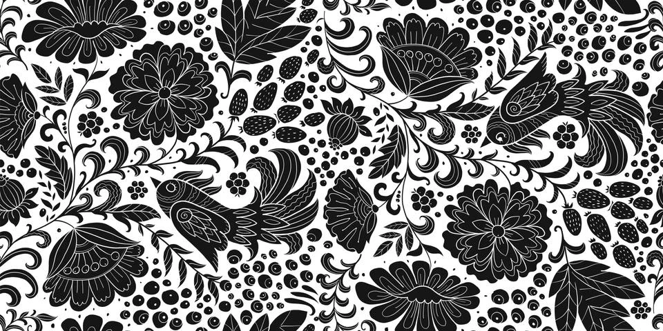 Magic forest with birds, seamless pattern for your design イラスト素材