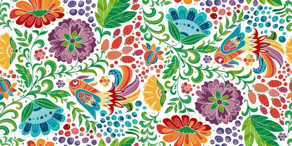 Magic forest with birds, seamless pattern for your design イラスト素材