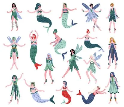 Magic Forest Fairy or Pixie with Wings and Mermaid with Fish Tail Big Vector Set 스톡 일러스트