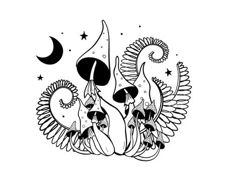 Magic forest fly agarics, boho tattoo, mystical print with the moon, linear hand Stock Illustration
