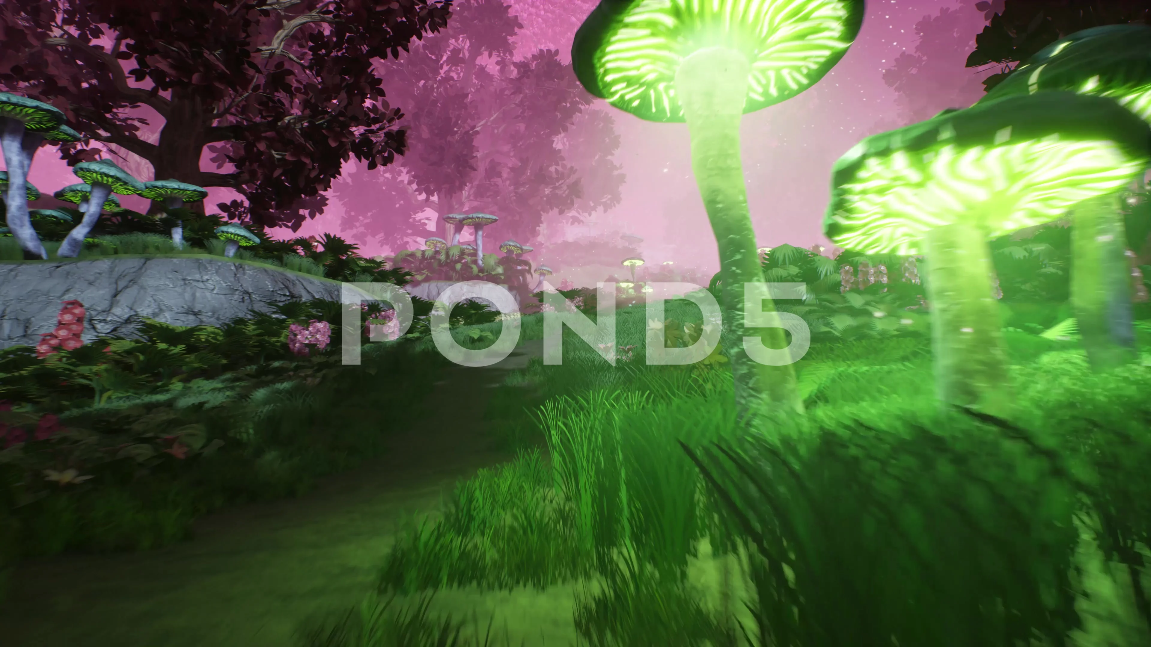 Magic Forest Mushrooms, Parcticles, Plants, Bright Butterflies 3D Animations