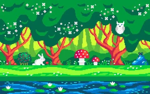 Magic forest pixel art seamless background. Stock-Illustration