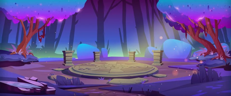 Magic forest with round stone altar at night イラスト素材
