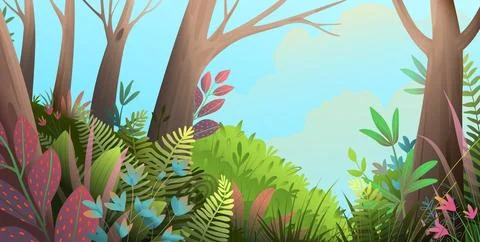 Magic forest with trees bush and flowers for kids Stock Illustration
