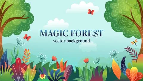 Magic forest. Wild nature. Enchanted garden. Flying butterfly. Magical plant Stock Illustration