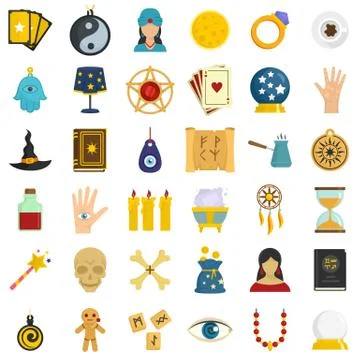 Magic fortune teller icons set, flat style Illustrazione stock
