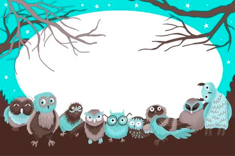 Magic frame with owls and empty dereyam, the forest picture with birds Stock Illustration
