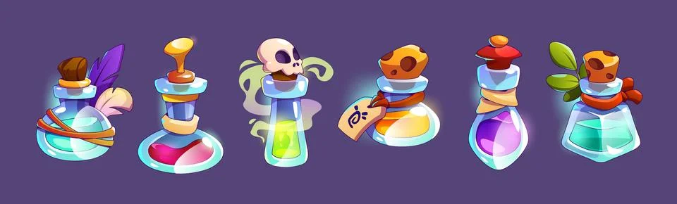 Magic game elixir potion bottle cartoon icon set Stock Illustration