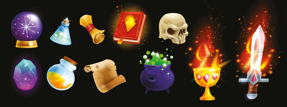 Magic game icon set, vector witch fantasy UI element, iron wizard cauldron Stock Illustration