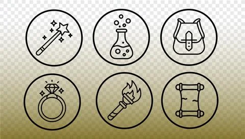 Magic game icons set. Fantasy adventure mystic symbols. RPG games UI UX mobile Stock Illustration