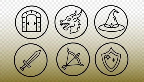 Magic game icons set. Fantasy RPG outline symbols collection. Games web Stock-Illustration