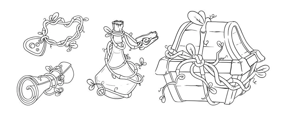 Magic game items with chest, potion, scroll and amulet. Sketch of druid game Stock Illustration