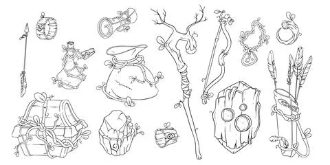 Magic game items with wand, chest, potion and other props. Sketch of druid game Illustrazione stock