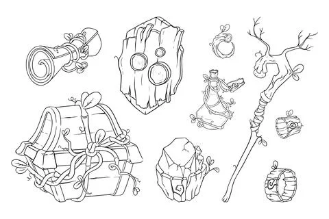 Magic game items with wand, chest, potion and other props. Sketch of druid game Stock-Illustration