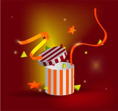 Magic gift box with surprises and sweets, red ribbons illustration on bright Stock-Illustration
