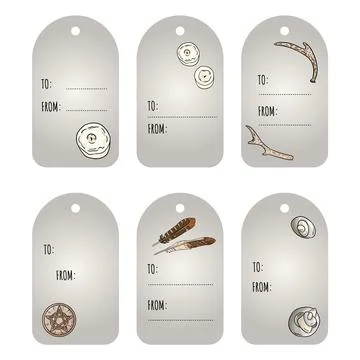 Magic gift tags. Set with candles, feathers and sea pebble comic style doodle 스톡 일러스트