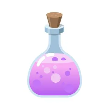 Magic glass bottle. Alchemy elixir in glass flask. Cork and purple potion, ca Stock Illustration