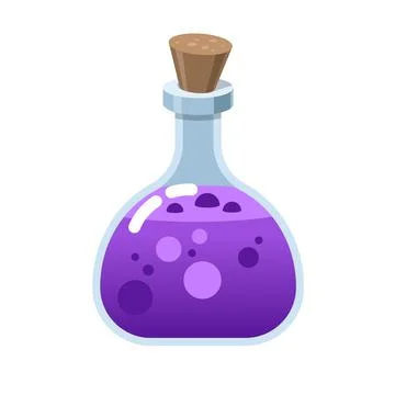 Magic glass bottle. Alchemy elixir in glass flask. Cork and purple potion Stock-Illustration
