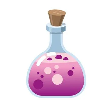 Magic glass bottle. Alchemy elixir in glass flask. Cork and purple potion Stock Illustration
