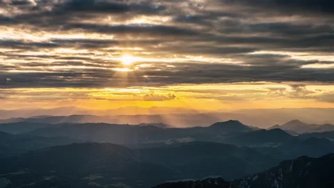 Magic Golden Sun rays at Sunrise in Mountains Landscape Time lapse Stock Footage 292922306