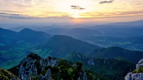 Magic Golden Sun Rays at Sunset in Mountains Landscape Time Lapse, zoomin Stock Footage 301647748