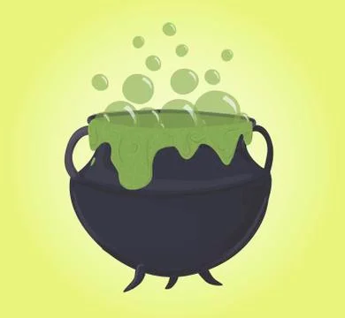 Magic green cauldron, bubbles and potion, vector Stock Illustration