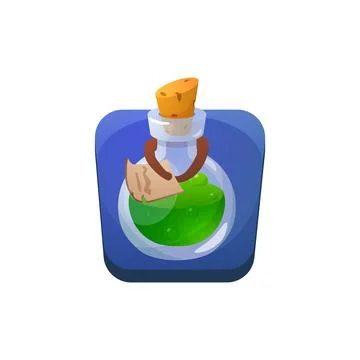 Magic green potion flask on blue button, vector glass rounded bottle with Stock Illustration