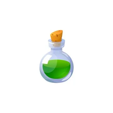 Magic green potion flask, vector glass bottle with a corkwood plug and elixir Stock Illustration