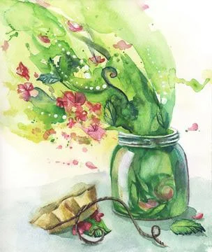 Magic green spring bouquet with greenery and flowers in jar. Stock Illustration
