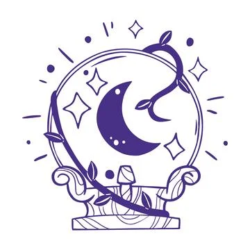 Magic Halloween Crystal Ball with Moon, Stars and Leafy Vine. Great for Mysti Stock Illustration