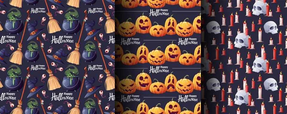 Magic Halloween Seamless Pattern Set with Pumpkin, Skull, Witch Hat, Cauldron Stock Illustration