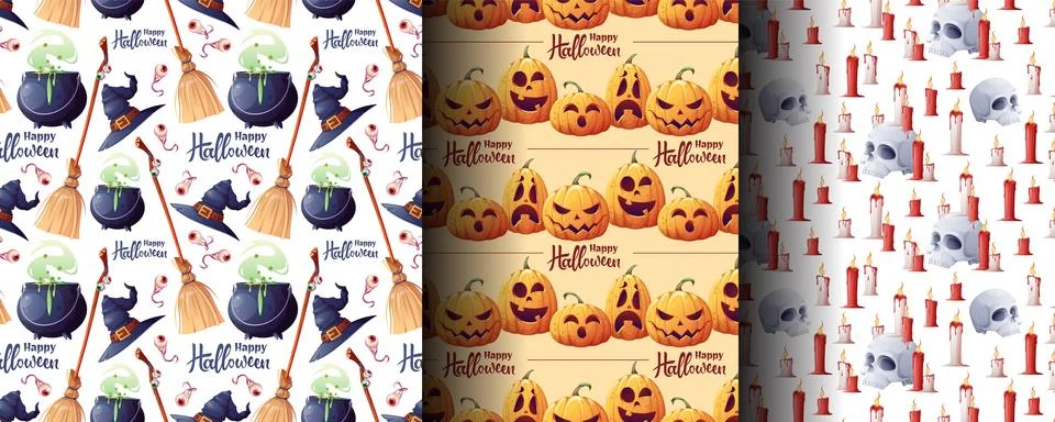 Magic Halloween Seamless Pattern Set with Pumpkin, Skull, Witch Hat, Cauldron Stock Illustration