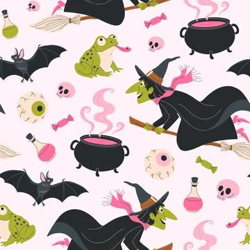 Magic Halloween seamless pattern with witches. Stock Illustration