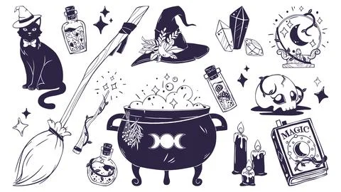 Magic Halloween Set with Cat, Cauldron, Potions and Crystals. Great for Party Stock Illustration